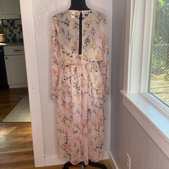 H & M blush pink floral sheer lined maxi dress elastic waist with fabric belt - Picture 2 of 6